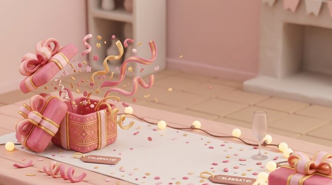3D isometric illustration of gift box opening with sparkles and ribbons, glossy pink celebration concept
