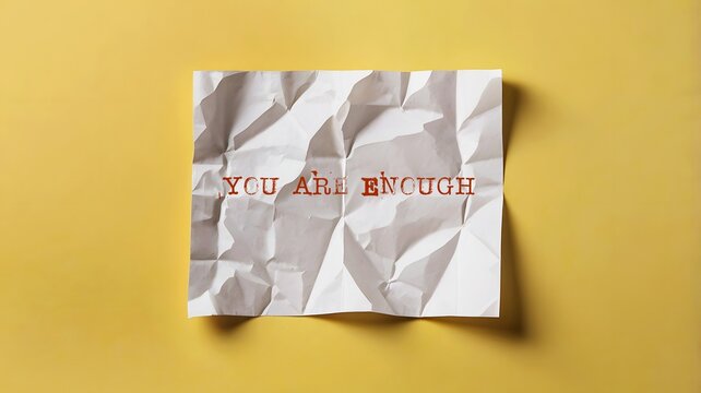 Yellow background with handwritten crumpled note YOU ARE ENOUGH , positive self-talk affirmation to boost self-esteem, build self-worth and develop self-respect
