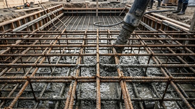 Pouring Concrete over Steel Rebar Reinforcement for Building Foundation