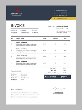 Professional and clean invoice template for company. Simple invoice design for business purpose.