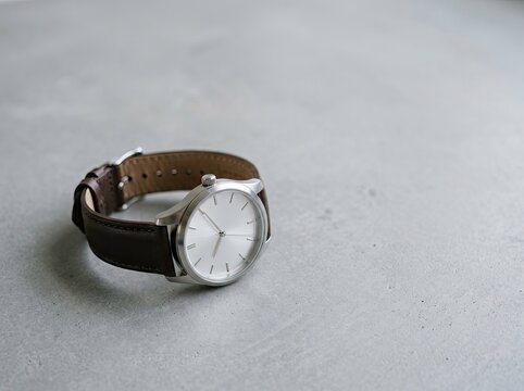 Elegant wristwatch with a brown leather strap resting on a soft gray surface in a studio setting