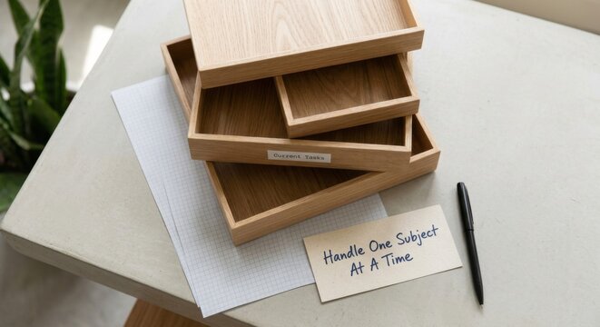 Stack of Wooden Document Trays with Motivational Message on a Minimalist Desk