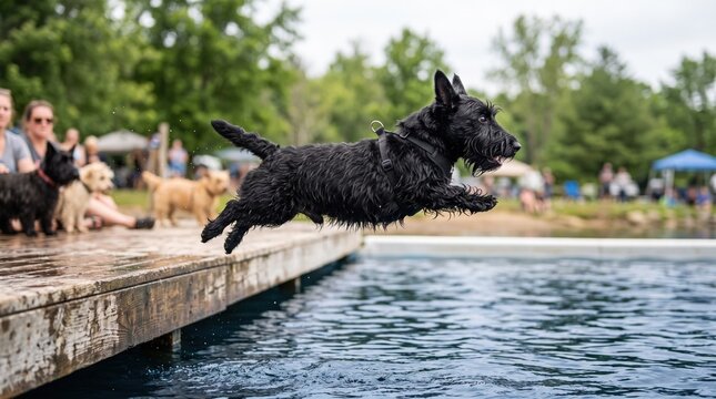 Black scottish terrier dog jumping into the water from a wooden dock in the park