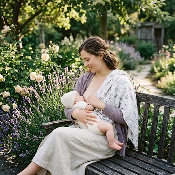 A loving mother breastfeeding her newborn baby in a beautiful flower garden.