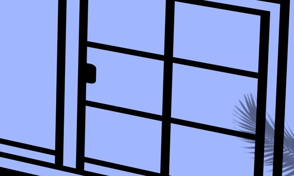 Minimalist digital illustration of a sliding window with a palm leaf shadow, modern interior design concept, flat vector graphic style
