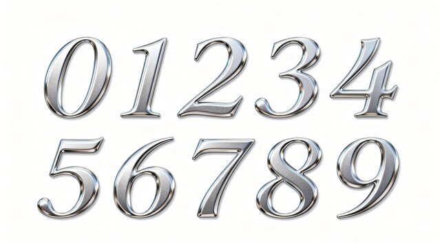 Elegant european style silver metallic 3D numerals set 0‑9, vintage cursive digits font, textured metal finish on white background for typography design