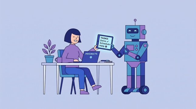Flat design illustration of robot assistant helping person with tasks, futuristic AI technology concept
