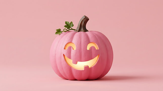 Pink pumpkin with lit candle inside on pink background