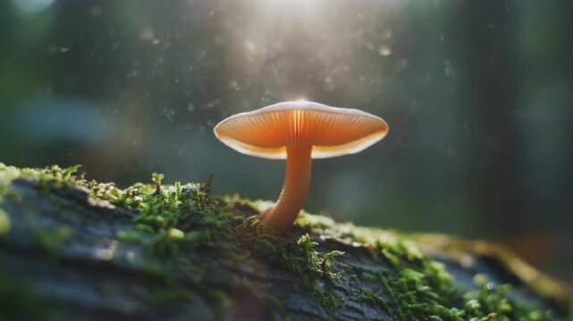 Sunlit Mushroom on Mossy Forest Log