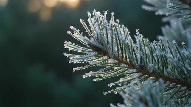 Sparkling Frost on Evergreen Tree Branch