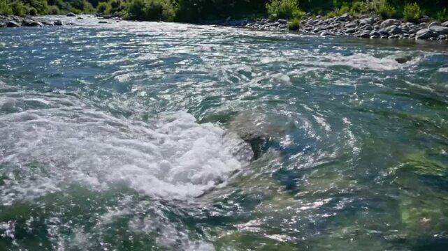 Scenic close-up view of clear flowing river water creating natural whitewater, reflecting sunlight and forming small whirlpools