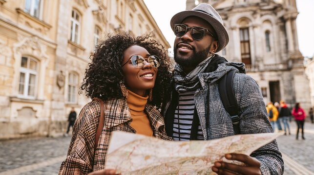 Smiling couple explores historic city streets with shared map. They stand close, holding paper map.