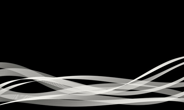 Modern black background with dynamic white linear ribbons and corner borders, copy space for text.