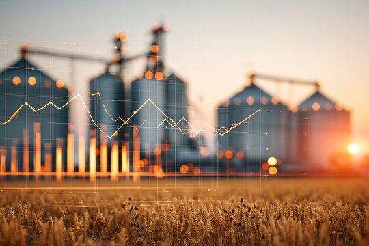 Golden wheat field with industrial silos and holographic data charts at sunset