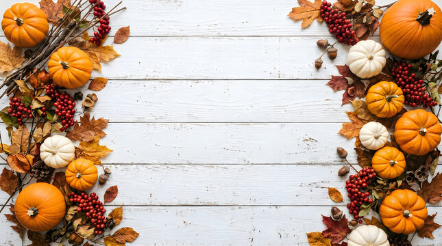 A beautiful thanksgiving border featuring pumpkins berries and foliage perfect for invitations cards or seasonal decorations