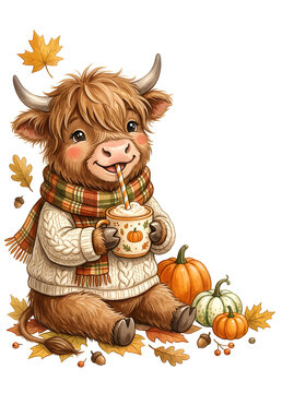 A cute funny cartoon Highland cow with soft fluffy brown fur, wearing a cozy cream-colored knitted sweater and a warm plaid scarf, happily sipping a pumpkin spice latte through a colorful striped stra
