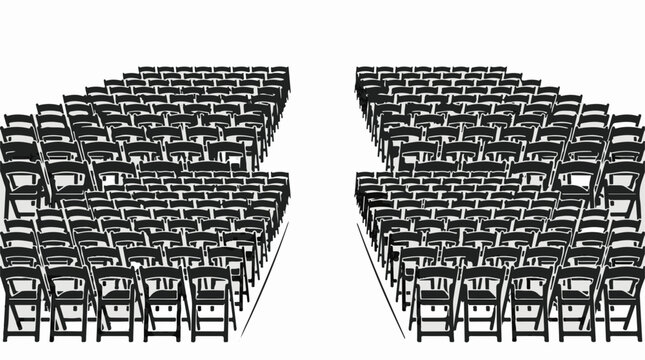 Black folding chairs arranged in rows for large formal event seating with central aisle view with symmetrical arrangement numerous against white background