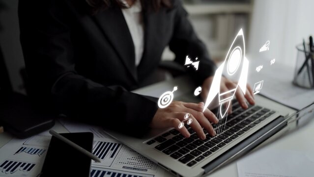Startup launch and business growth concept, rocket symbolism, entrepreneurship, startup innovation, and early-stage success strategies for new business development and expansion. Muxer