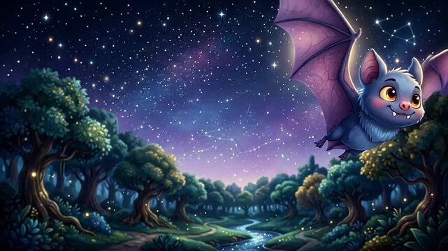 Whimsical Night Scene with Flying Bat Creature Under Full Moon