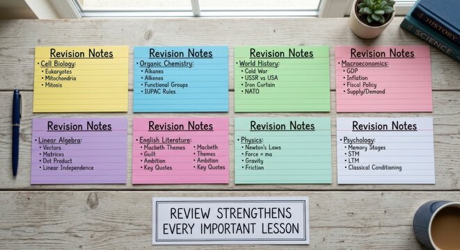 Colorful Revision Notes Cards for Education and Study
