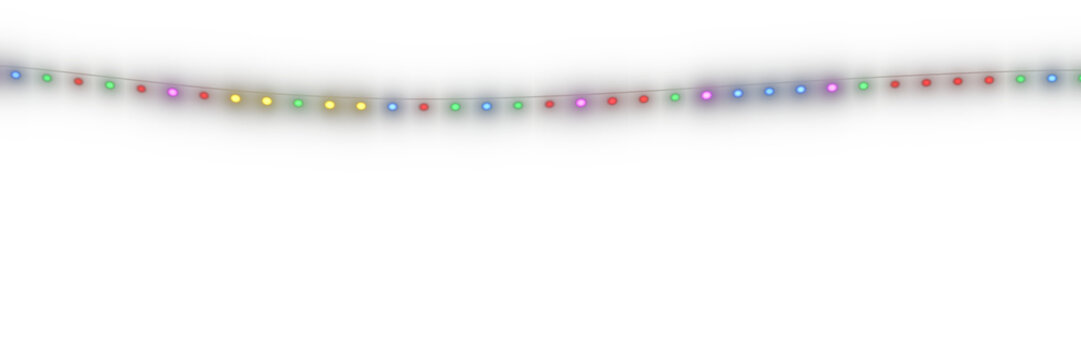 Multicolor String Lights Garland Overlay, Isolated on Transparent Background. Isolated glowing string lights garland for VFX, motion graphics and cinematic compositing.