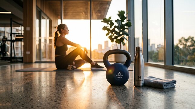 A kettlebell sits on the gym floor beside a metal water bottle.