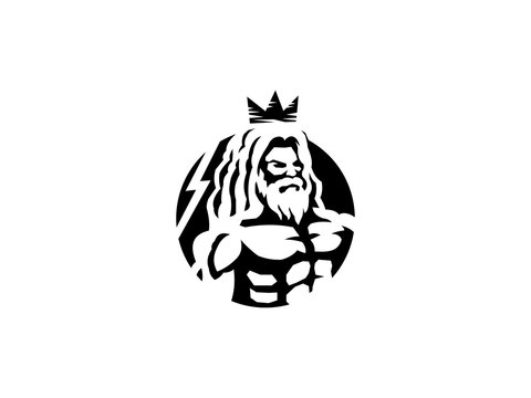 This is a strong black and white emblem featuring the muscular torso of a bearded god wearing a crown within a circular frame, flanked by a lightning bolt