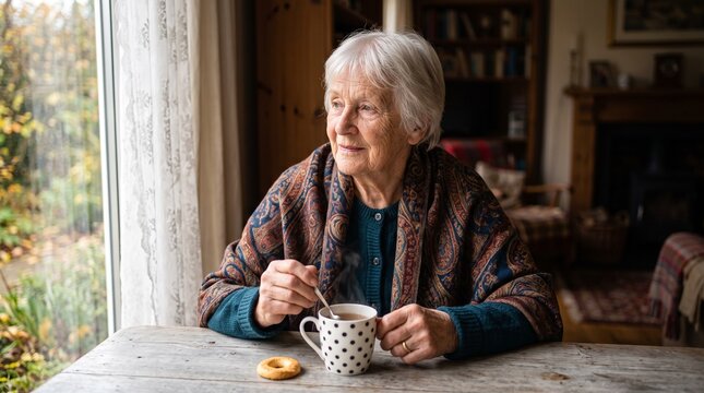 Commercial lifestyle portrait of an elderly senior woman with short white hair wrapped in a patterned shawl, stirring hot tea with a spoon next to a window &ndash; senior care, cozy home environment, retire