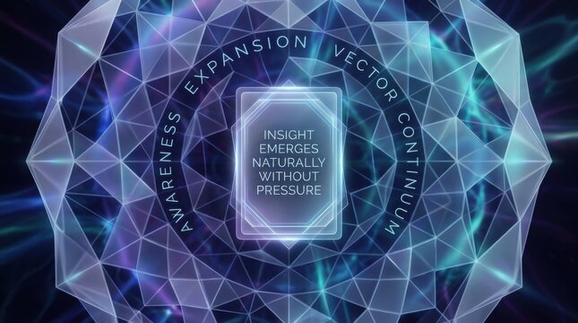 Geometric pattern with glowing card displaying insight emerges naturally without pressure