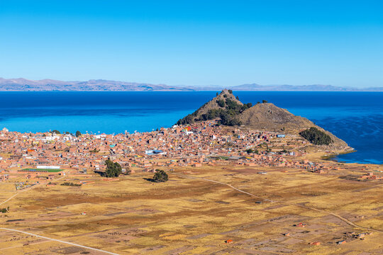 Copacabana cityscape and Titicaca Lake, Bolivia.