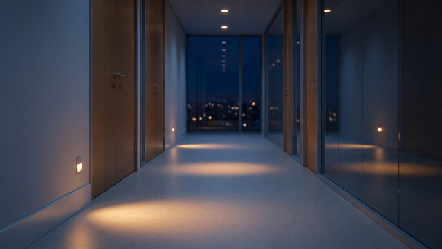 夜の廊下に灯る足元の非常用照明と窓越しの夜景