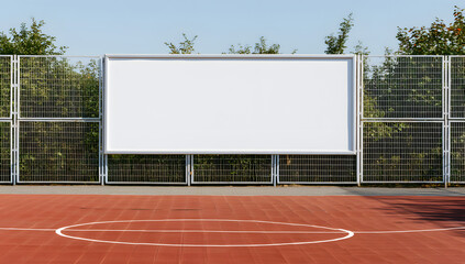 Naklejka premium A basketball court outdoors has a white billboard affixed to a metal fence, used for signage or advertising