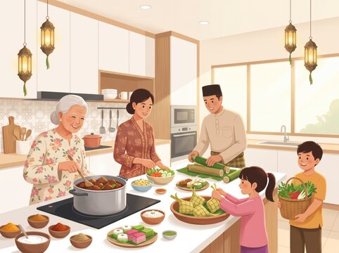 Malaysian Malay Muslim Family Preparing Food Traditional Hari Raya Feast Together Dishes Aidilfitri Celebration