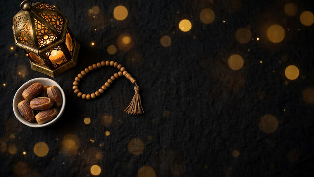 Ramadan Kareem background with lantern and dates. Islamic prayer beads on black texture. Eid Mubarak greeting card with copy space.
