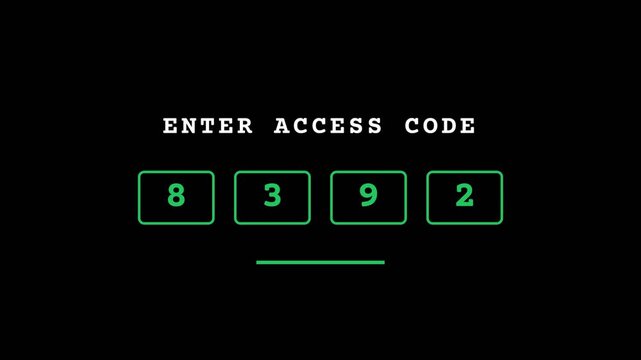 Animated access code entry interface, glowing green numbers on black background with loading progress bar, symbolizing secure authentication and digital security, seamless loop