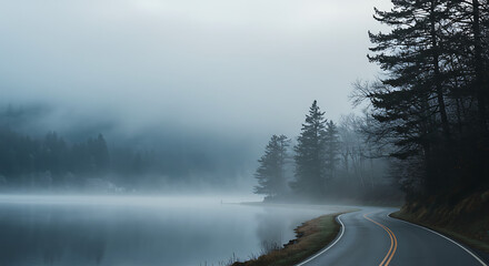Empty winding road alongside a calm misty lake and dark forest on a moody autumn morning © Nasar