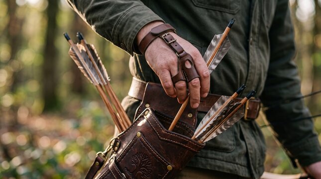 Archery hunter holding wooden arrows in leather quiver in the forest