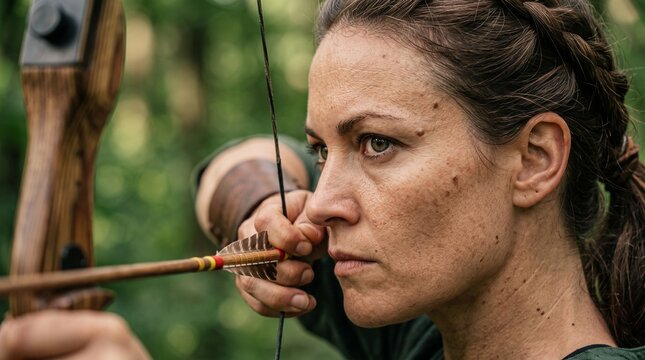 Woman archer aiming with bow and arrow in a green forest environment