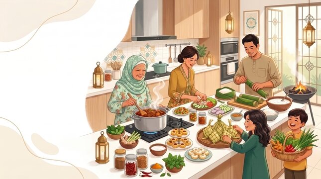 Malaysian Malay Muslim Family Preparing Food Traditional Hari Raya Feast Together Dishes Aidilfitri Celebration