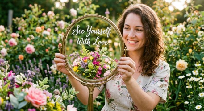 Woman Holds Ornate Mirror Reflecting Flowers and "See Yourself With Love" Message in Garden