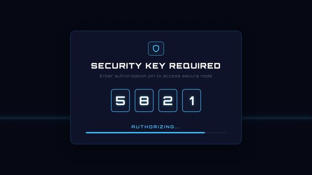 Animated security key entry interface, glowing neon numbers and authorization process on dark background with changing colors, seamless loop, symbolizing secure access and technology