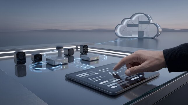 Smart home automation network showing a hand using a tablet interface to manage connected devices and cloud storage