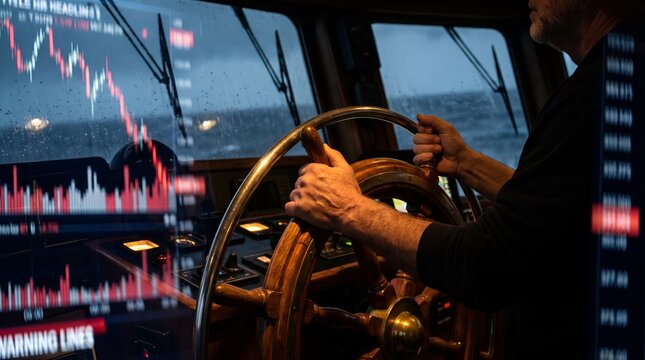 Maritime shipping industry risk management showing a ship captain at the helm with overlapping volatile stock market charts