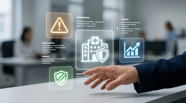 Businessman interacting with digital healthcare management interface showing hospital security, data analytics, and risk management icons in office.