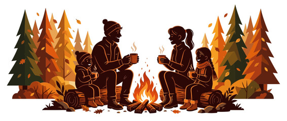 Family Camping Around Campfire in Autumn Forest Illustration