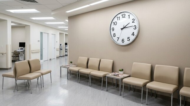 Observation area with spaced chairs and a large wall clock for monitoring wait times