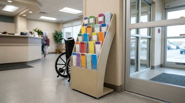 Clinic corridor lined with posted infographics and a small pamphlet rack near the entrance
