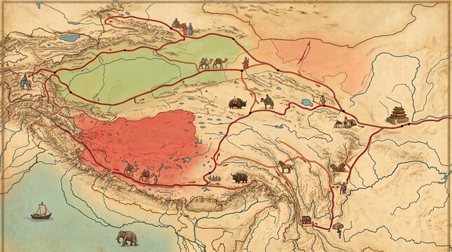 Vintage style map illustration showing ancient trade route networks