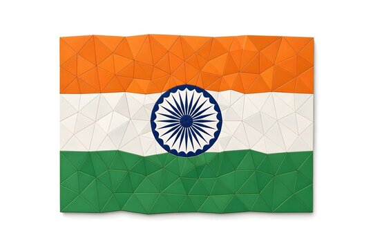 Indian flag, Triangular polygons, Saffron, White, Green, Navy blue, Subtle ambient lighting, White background, Premium vector appeararealistic light refraction, polished edges, reflective sue