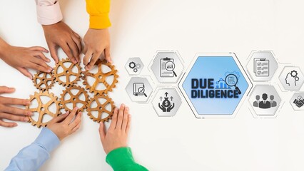 Obraz premium Collaborative Business Strategy Concept with Gears and Icons Representing Due Diligence Process in Professional Environment Sigmoid